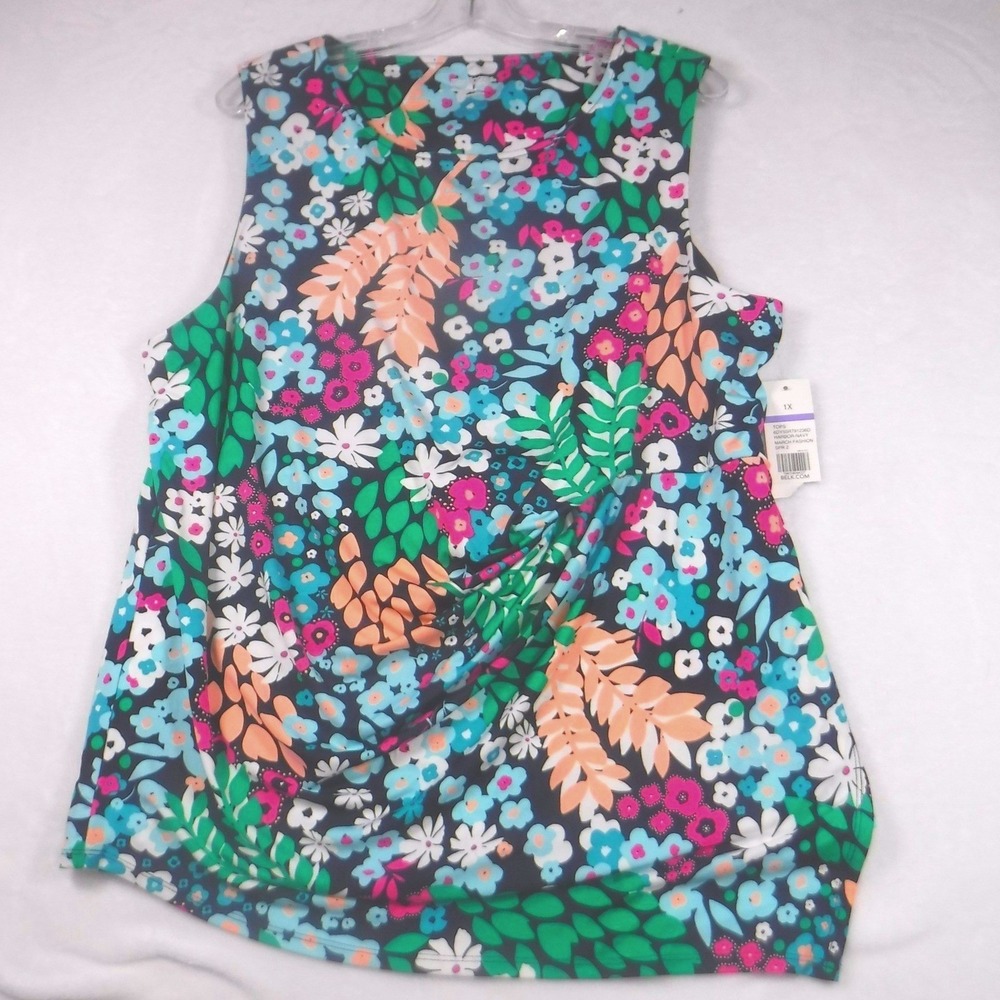 Kim Rogers Curvy Womens 1X Floral Sleeveless Twist Front Top Harbor Navy New